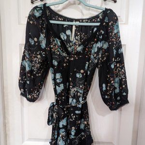 LC Lauren Conrad Soft Black & Blue Floral Boho Belted 3/4 Sleeve Satin Dress